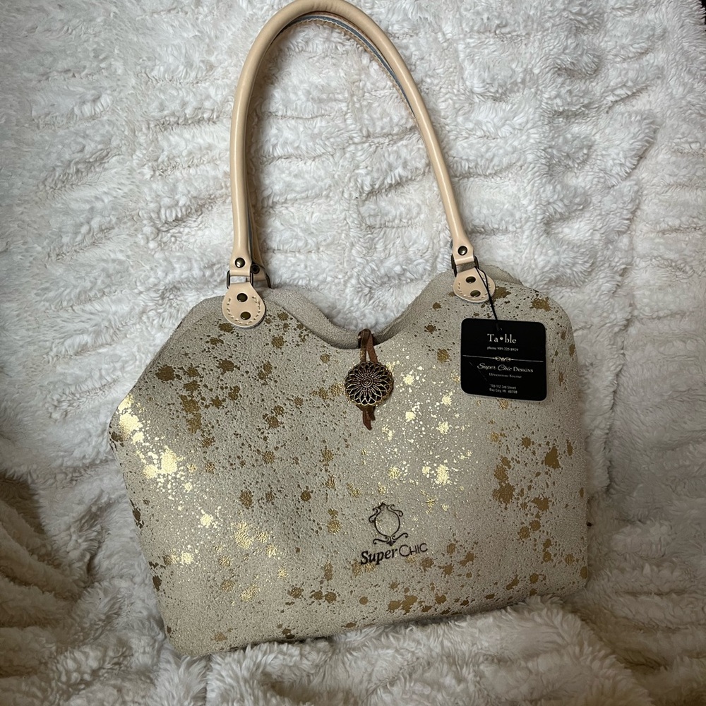 NWT Super Chic MI Based - Cream Colored Suede Leather with Gold Detailing